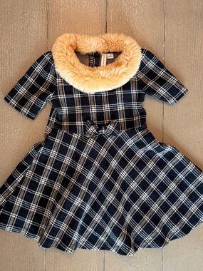 Janie and Jack Girls’ Size 4 • Short-Sleeve Tartan Plaid Dress • Faux Fur Collar